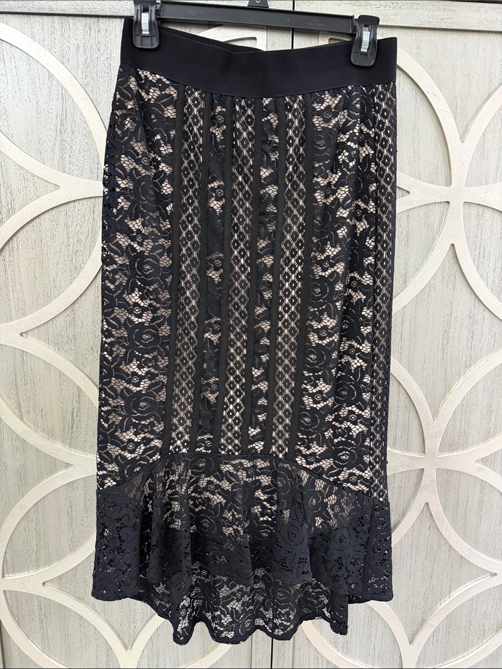Thalia Sodi Black Lace Midi Skirt with Nude Underlay